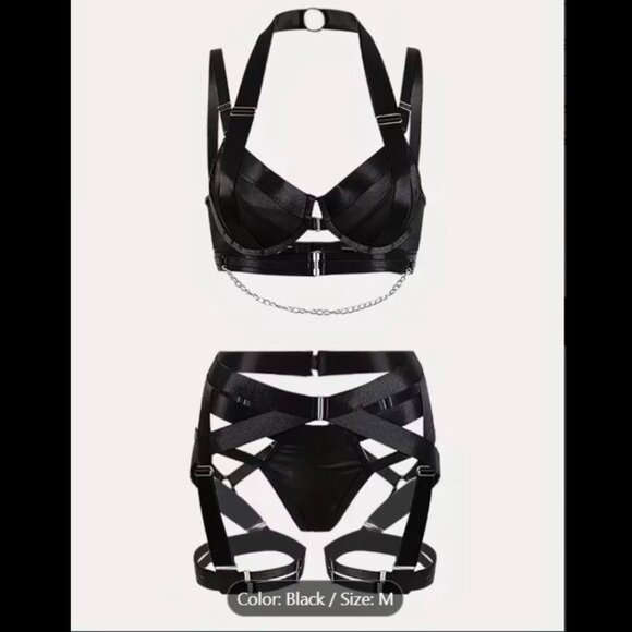 🖤 Black Sexy Strappy Harness Lingerie Bra & Panty Set | MEDIUM | BNWT - Picture 1 of 6